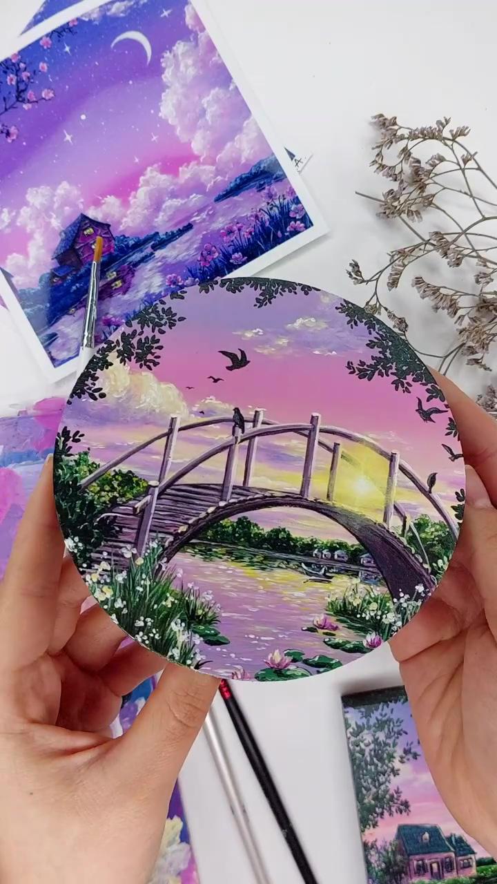 Youtube video- drawing process imaginary sunset landscape acrylic painting; purple flowers using acrylic paint