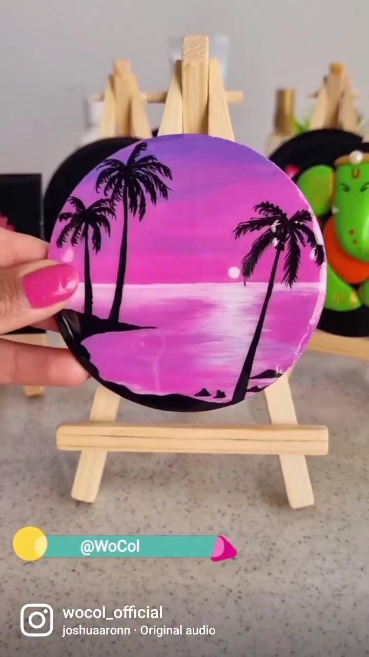 Aesthetic pink sunset painting; canvas painting tutorials