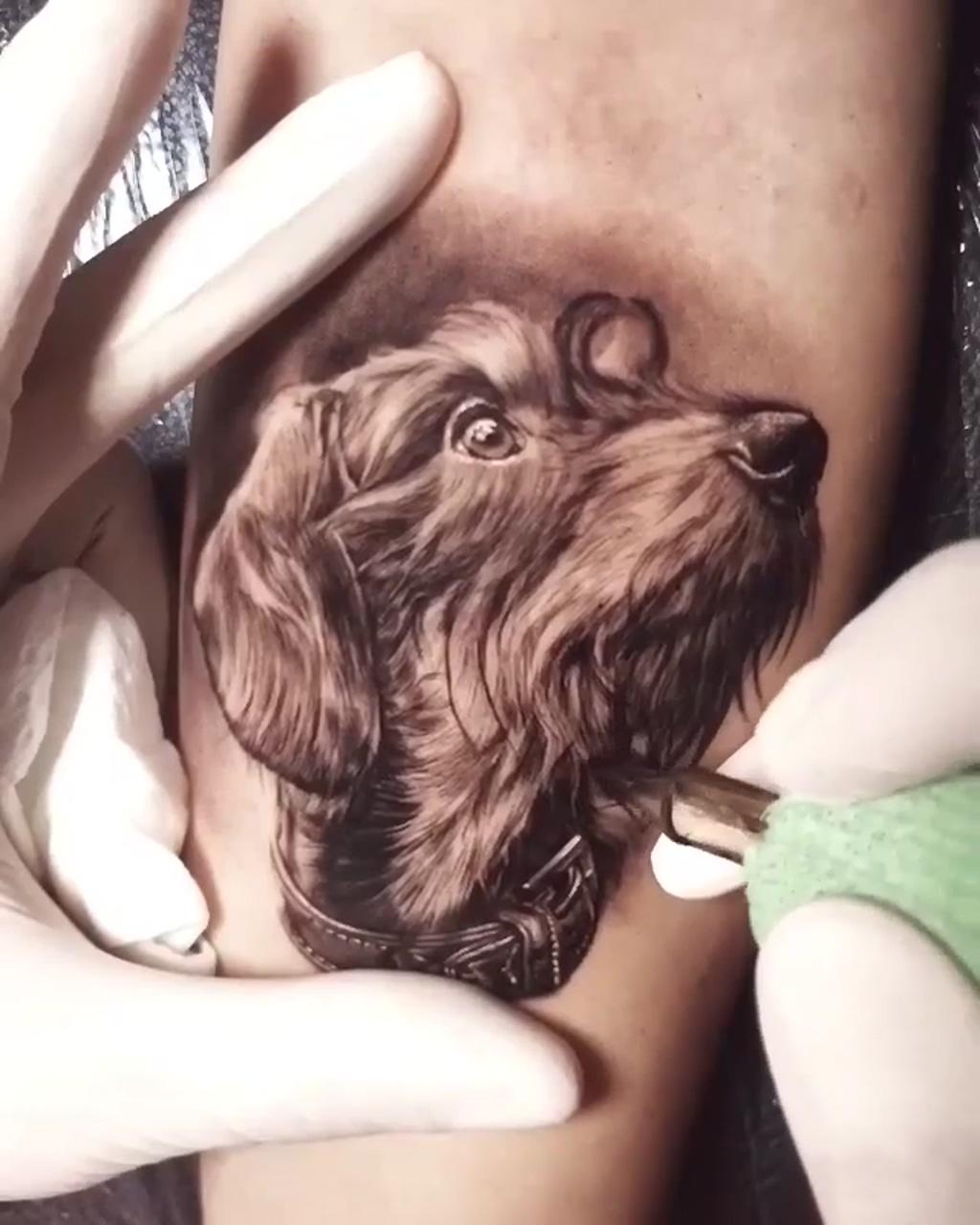 Beautiful female dog tattoo on arm; time tattoos