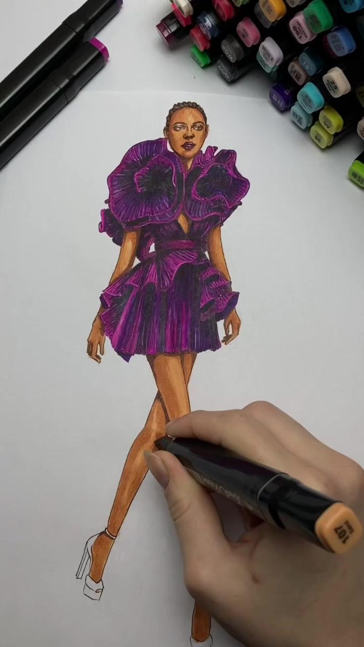 Fashion sketch. dress with drapery | fashion illustration tutorial