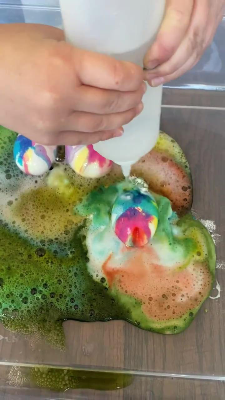 Fizzy volcano eggs; pastel acrylic painting nesting egg easter project