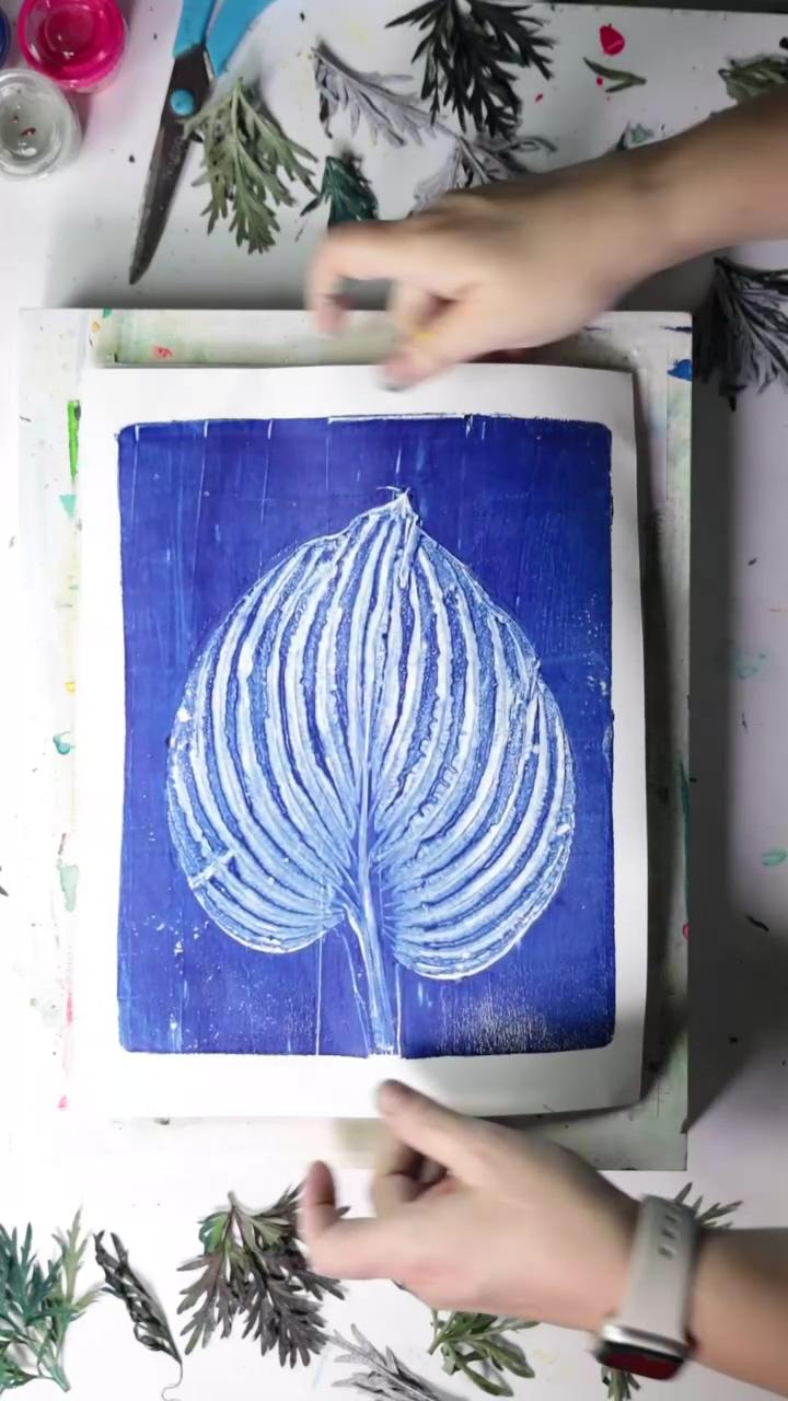 Gel plate printing with hosta; watercolor dots
