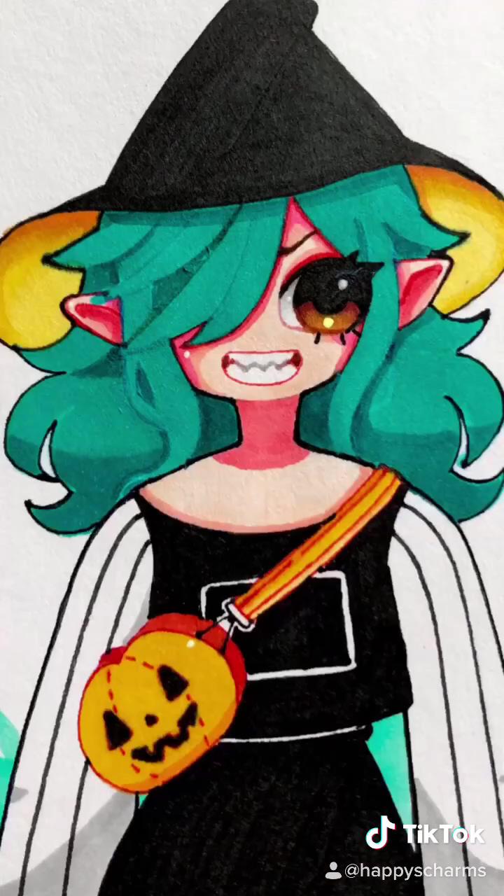 Green hair witch halloween girl | copic/ohuhu marker drawing