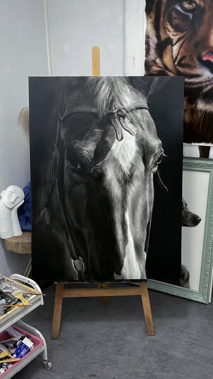 Horse painting on canvas black horse wall art original modern horse canvas horse portrait custom art; amazing color pencil drawing