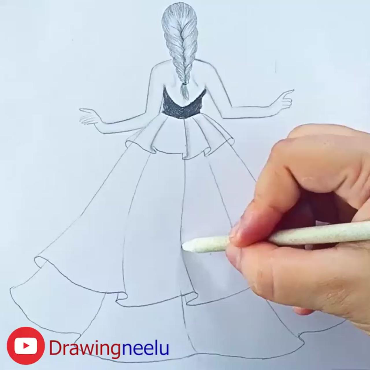 How to draw a girl backside beautiful dress, step by step tutorial drawing, pencil drawing dress; pencil drawings of girls
