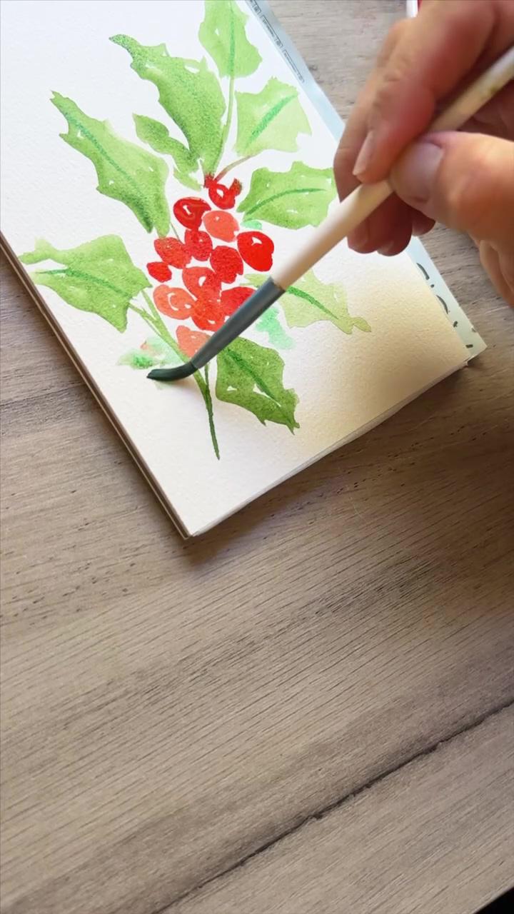 How to paint easy watercolor berries and holly together | christmas tray styling
