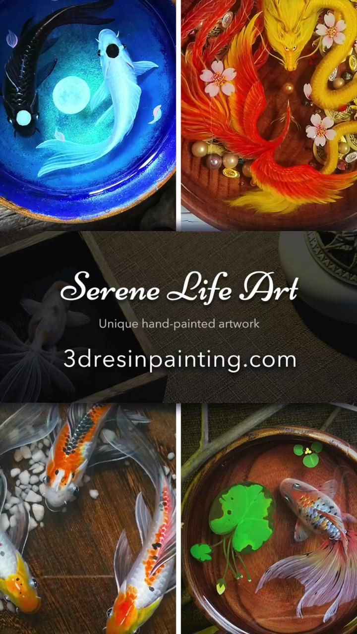 Koi fish resin painting process; crystal sphere planets in light up resin galaxy space pyramid