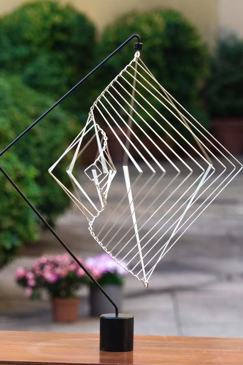 Moving sculpture - kinetic mobile for indoor and outdoor - square wave in metallic silver with stand | kalimba -50% today only