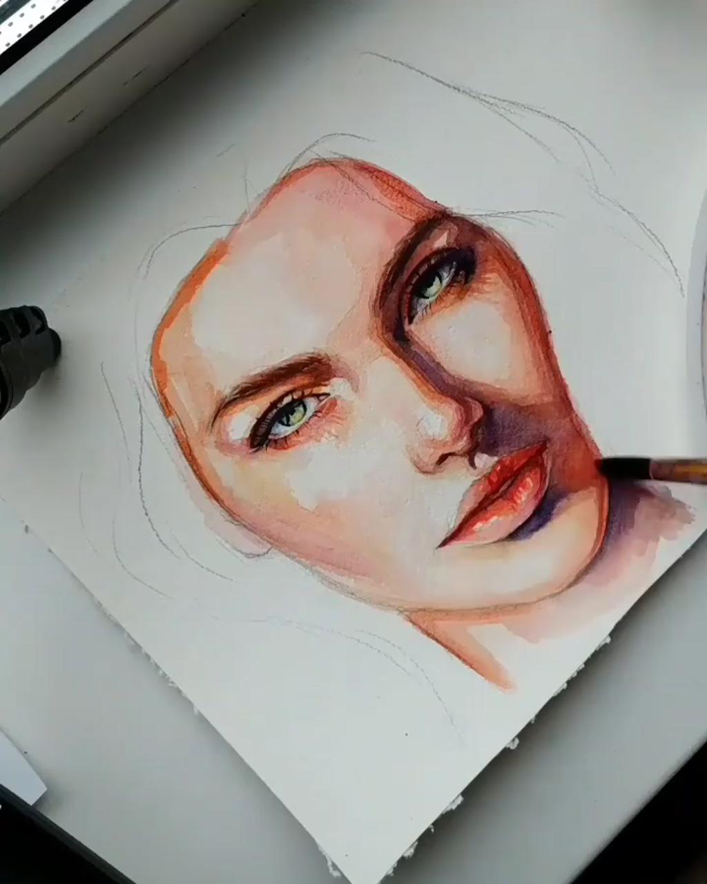Portrait girl pencil drawing; watercolor portrait tutorial