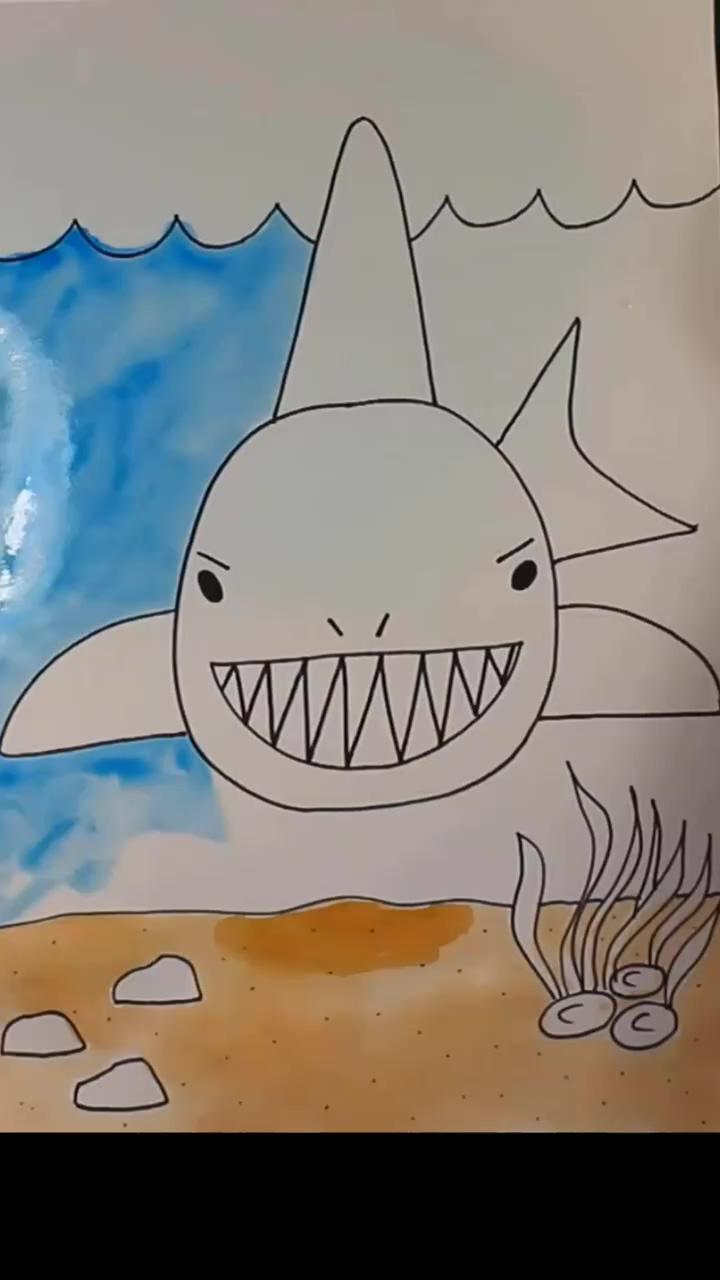 Easy art project for kids: draw and watercolor paint a stealthy shark crusin' along the ocean floor | cute drawings for kids