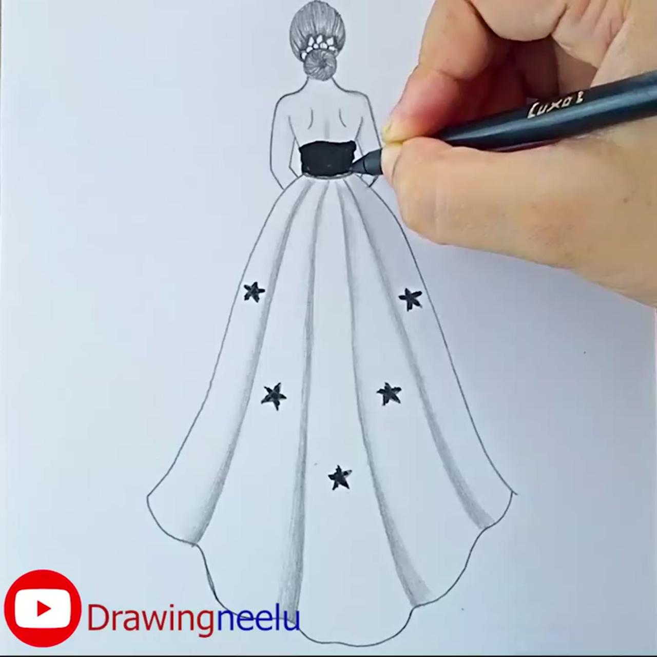 How to draw a girl beautiful dress - step by step drawing, beginner drawing tutorial, easy drawing; pencil drawings of girls