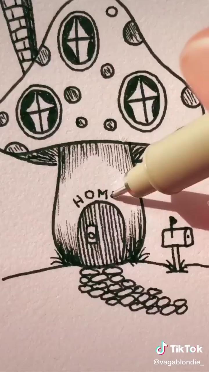 Tiny mushroom house drawing tiktok; how to draw clouds