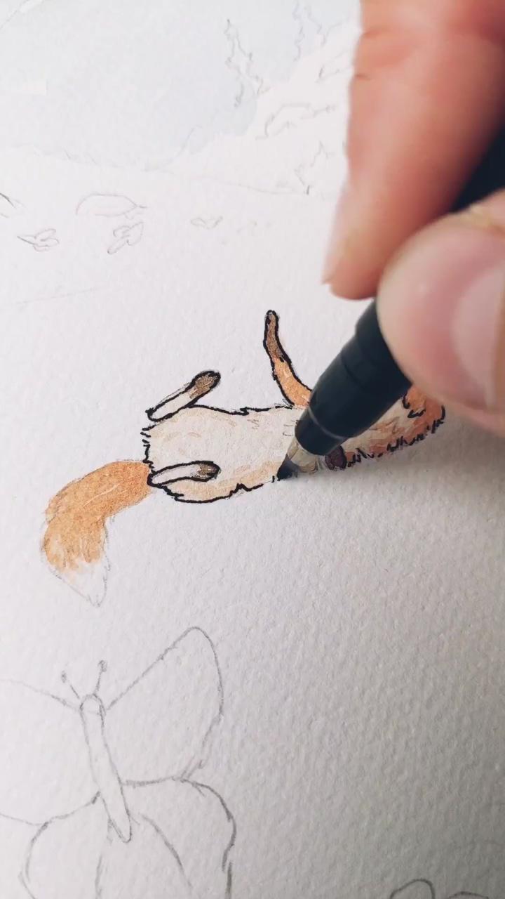 Adding pen to a cute fox, drawing process, watercolor and ink art sketch, #animalart #watercolors | watercolor painting techniques