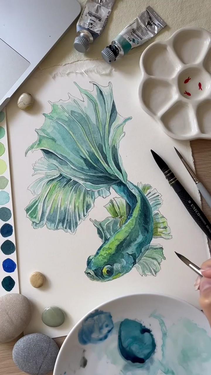 Betta fish wip, watercolor painting process; painting art lesson