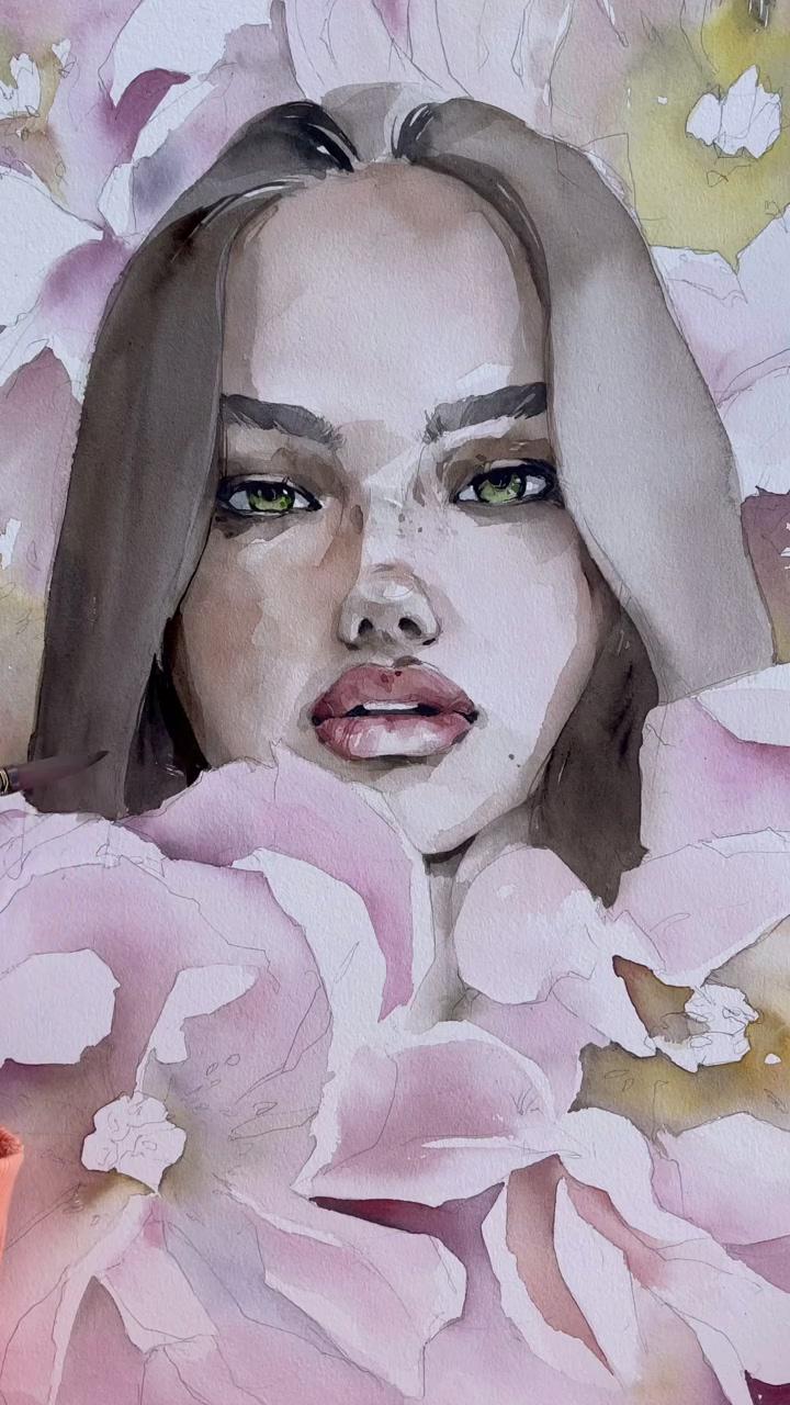 "blooming" painting process by polina bright; watercolor portrait tutorial