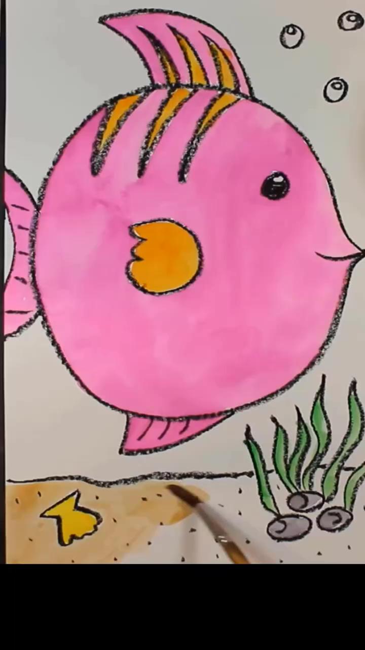 Easy video art project for kids: drawing and watercolor painting a big fish swimming in the sea | animal art projects