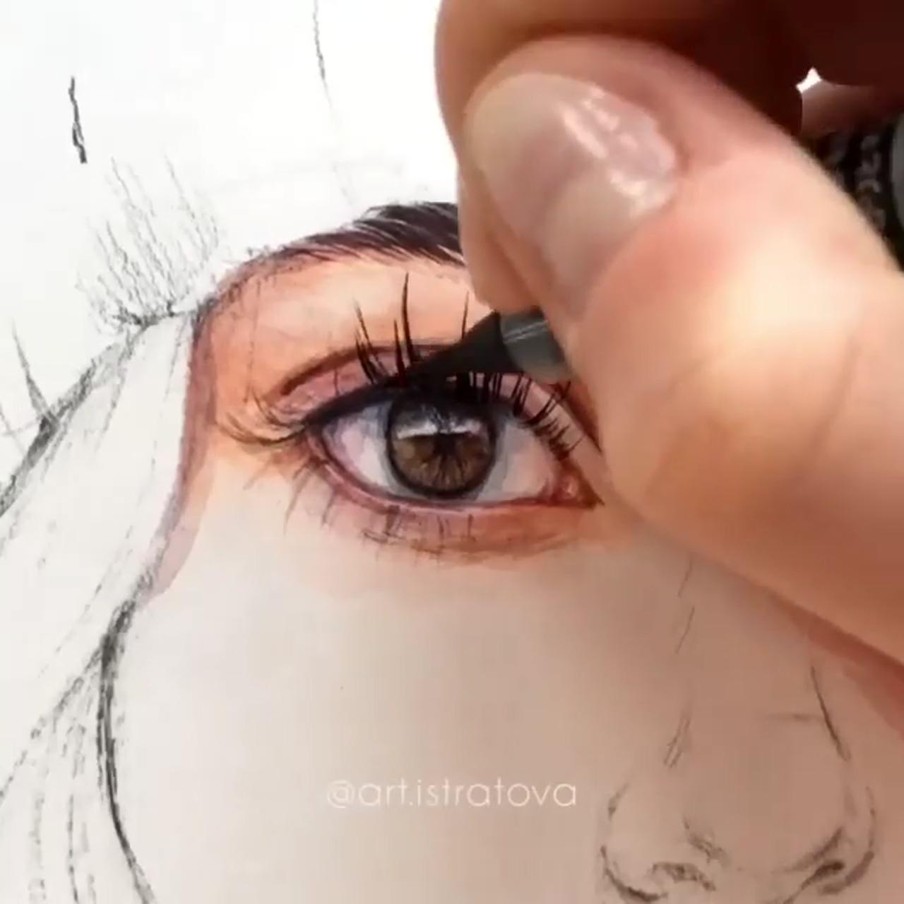 Eye tutorial realistic colored drawing stages; watercolor drawing woman face portrait drawing