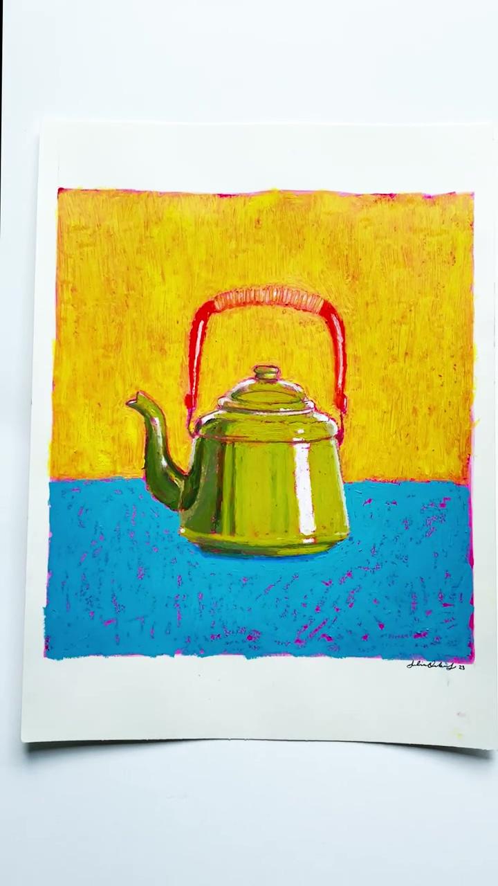 Green teapot in oil pastels | matching colors 