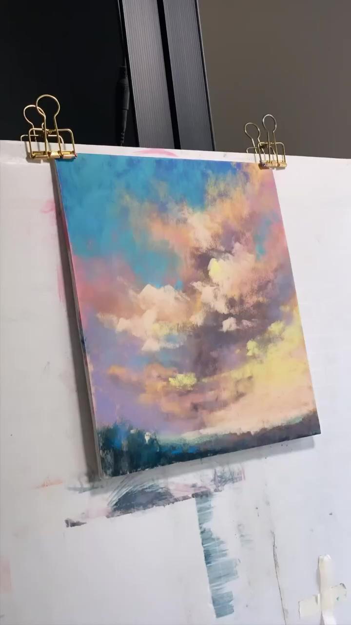 Hopeful clouds soft pastel painting; awesome artist doing satisfying craft, creative ideas that are at another level