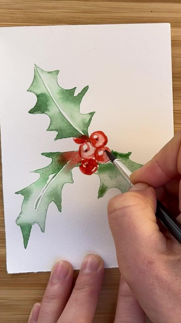 How to paint easy watercolor holly berry for christmas cards; more watercolor masterclass you can find on my patreon janetpulcho