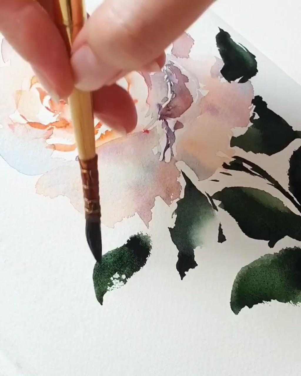 Leafy rose art; floral watercolor paintings