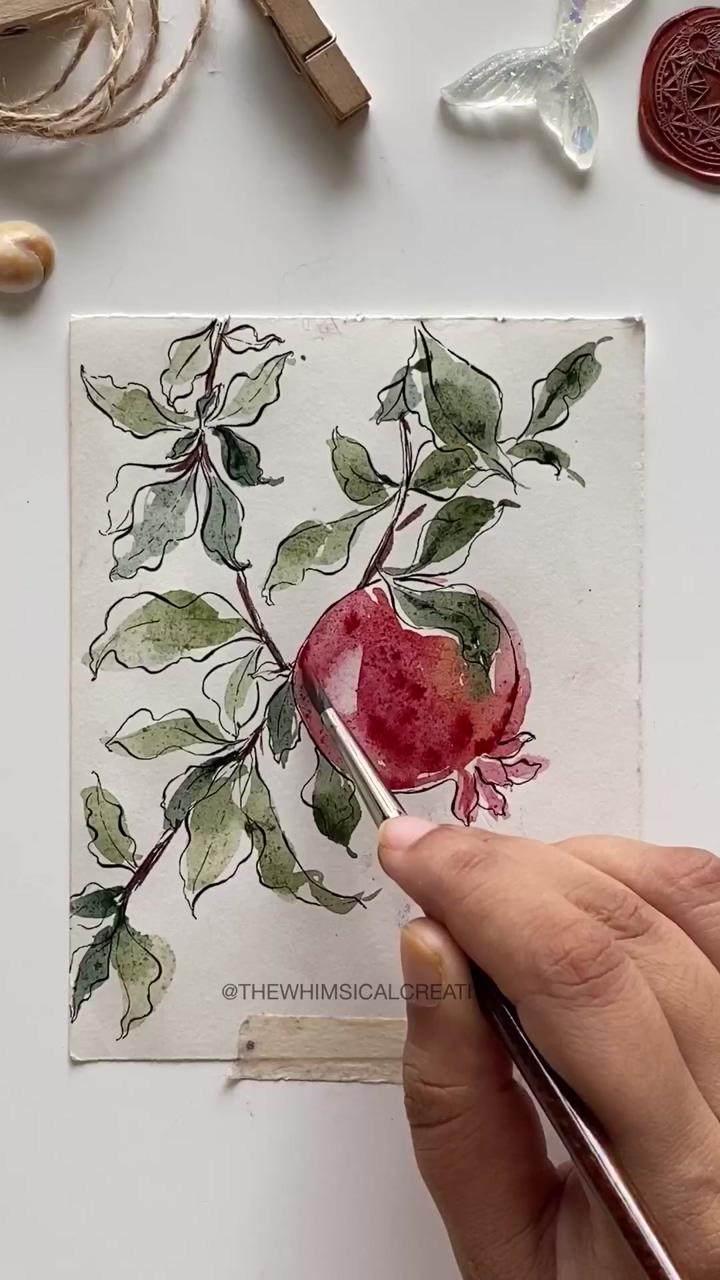 Learn to paint ink and watercolour pomegranate | how to paint magnolia flower in watercolors
