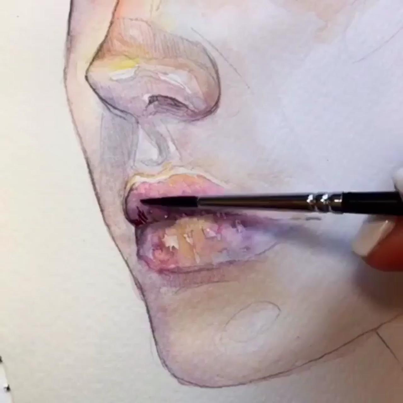 Lip drawing watercolor paint portrait art painting by artilina; diy watercolor painting