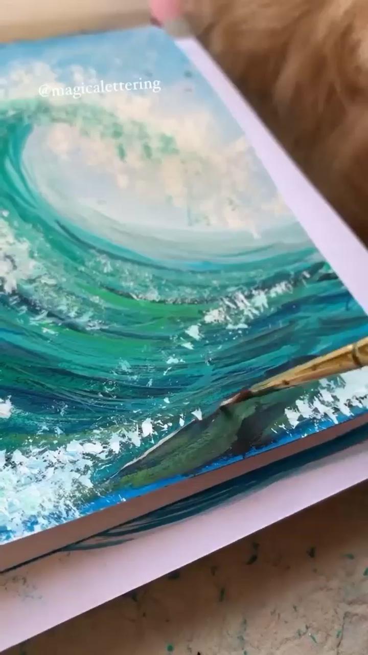 Ocean waves acrylic painting on sketchbook, acrylic paint, drawlish; beach art painting