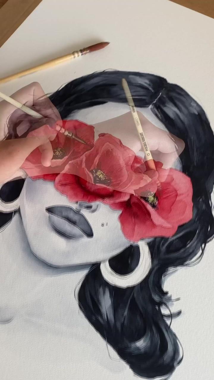 Poppy blindfolded process by polina bright; modern watercolor art
