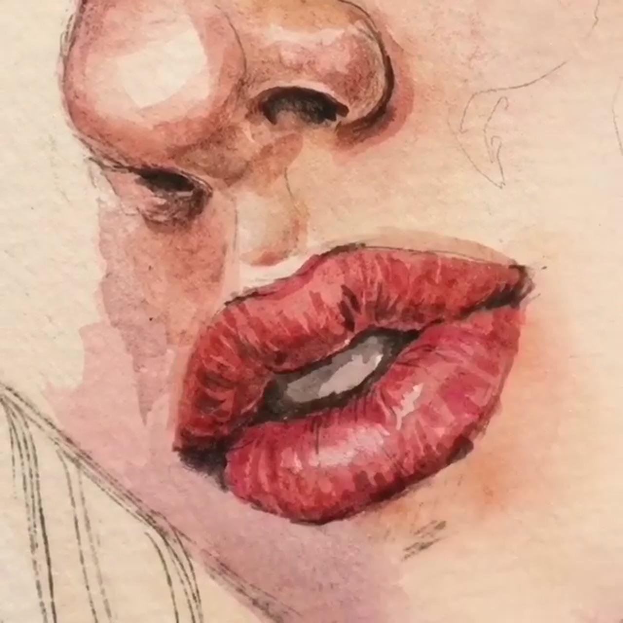 Red watercolor painting tutorial lip draw paint; watercolor portrait tutorial