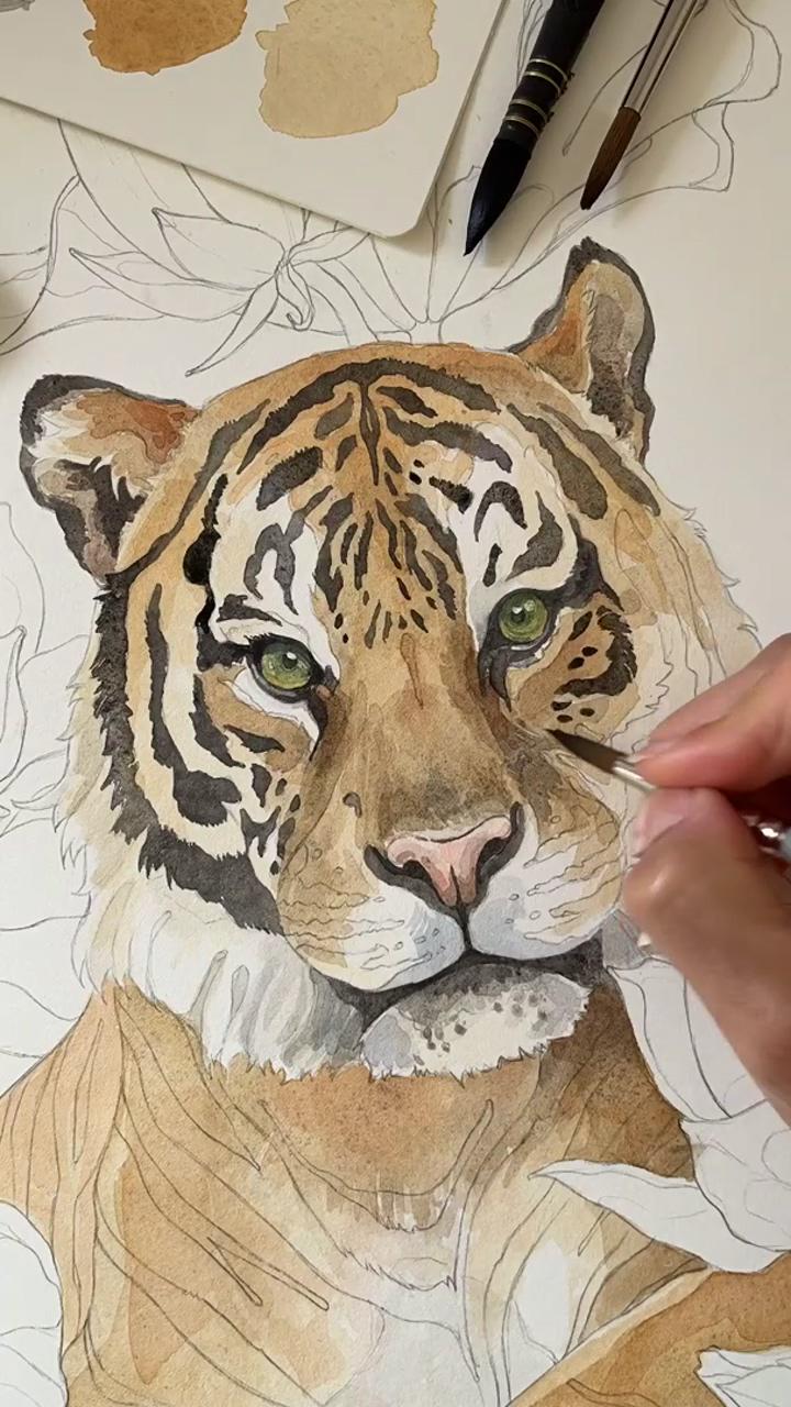 Watercolor painting on the tiger artwork; painting art lesson