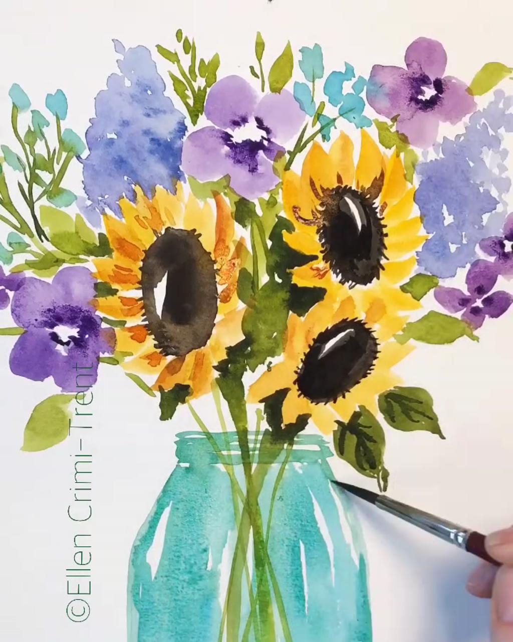 Watercolor sunflowers and lilacs in mason jar #watercolor | watercolor painting techniques