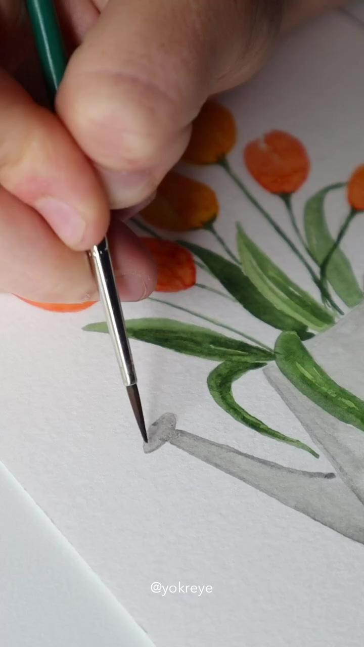 Watercolor tulips, how to paint tulips, tulips in watering can, spring tulips, tulip video | red poppies gouache painting