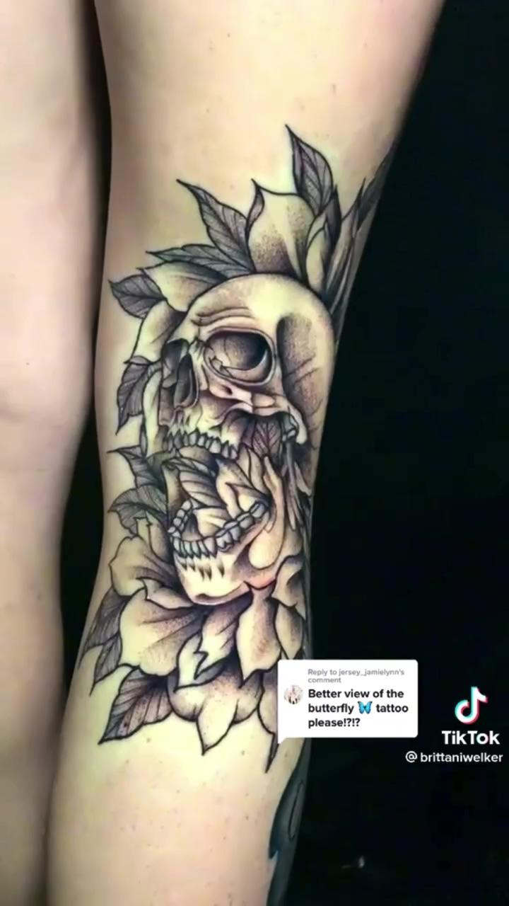 Creative leg tattoo, moth tattoo, hidden skull tattoo, patchwork tattoo ideas, knee tattoo; back tattoo