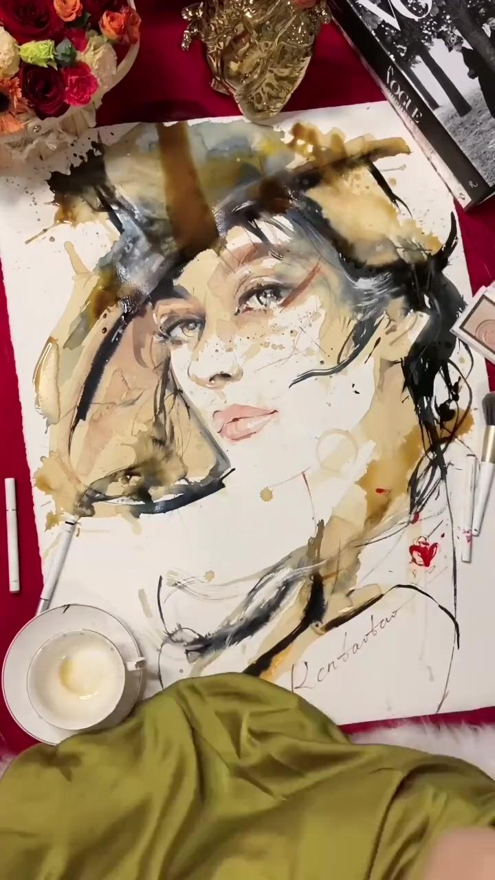 2021 how to draw a watercolor painting using coffee- beautytoktok; watercolor portrait painting