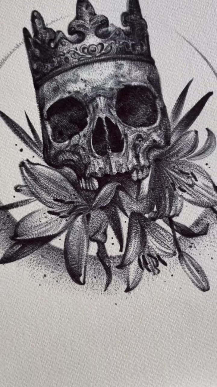 Ballpoint pen drawing with tattoo machine skull and crown; body art