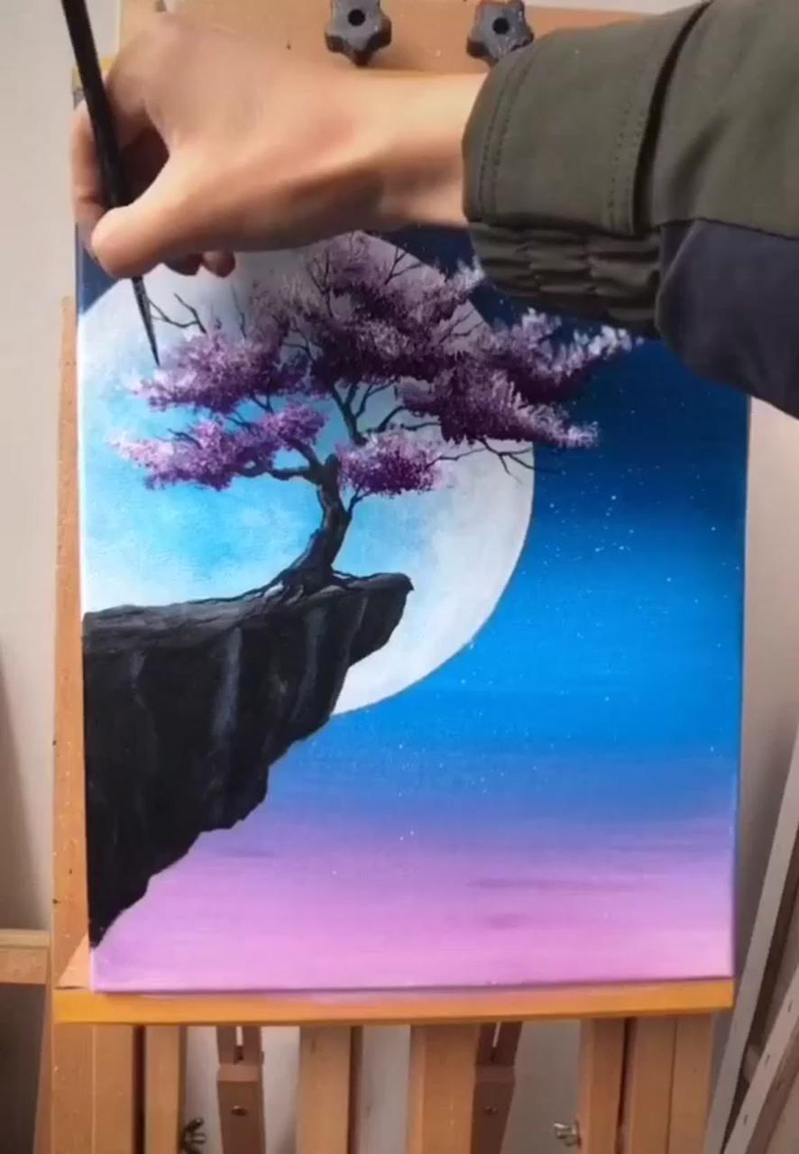 Beautiful tree in front of moon art ; canvas painting tutorials
