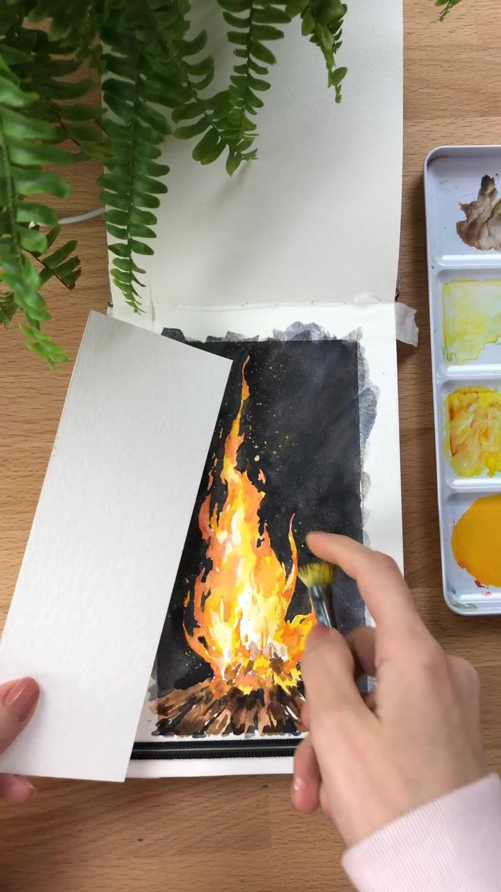 Campfire painting; art tutorials watercolor