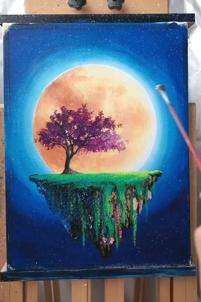 Cherry blossom under moonlight; landscape art painting