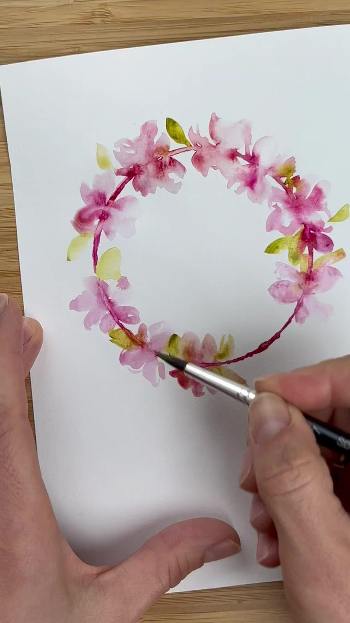 Easiest way to paint cherry blossom wreath with watercolor ; painting water ripples