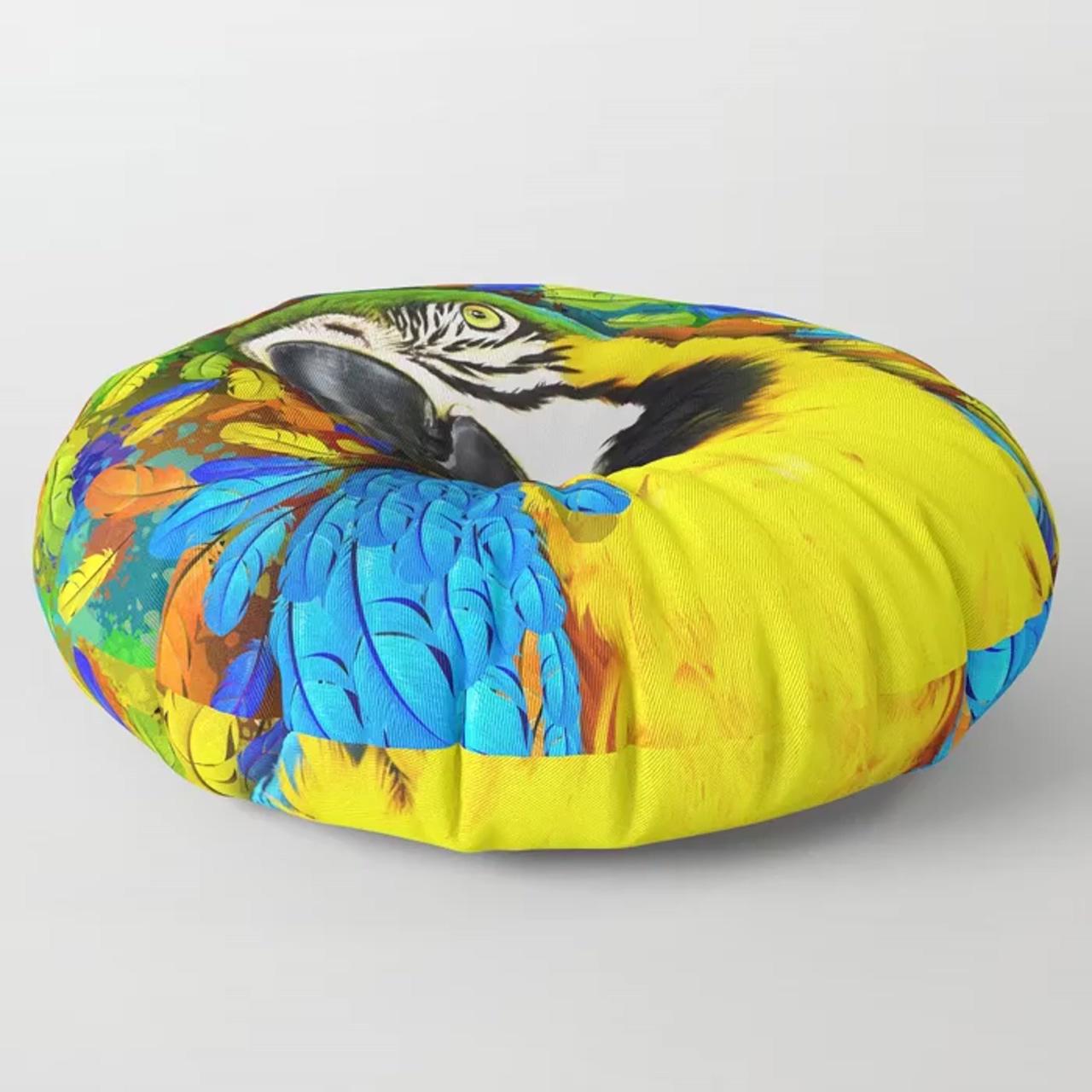 Gold and blue macaw parrot fantasy floor pillow; pop art posters