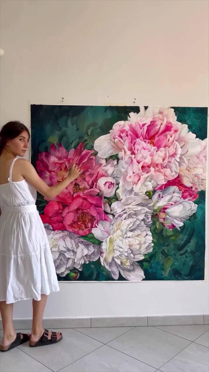 Large watercolor paintings. peonies on the green background; abstract painting techniques