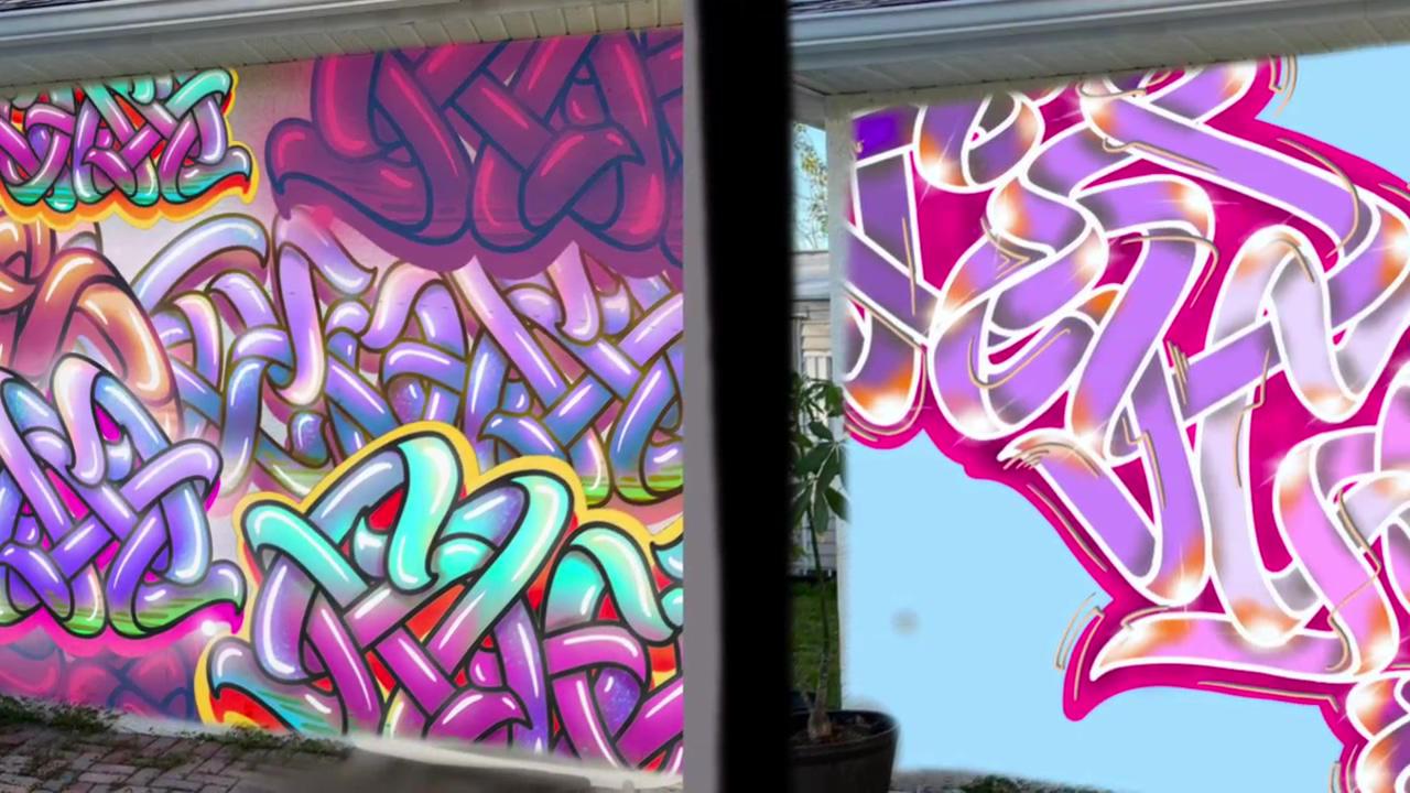 Mural design concept b mourning; colorful graffiti shoker style time lapse video