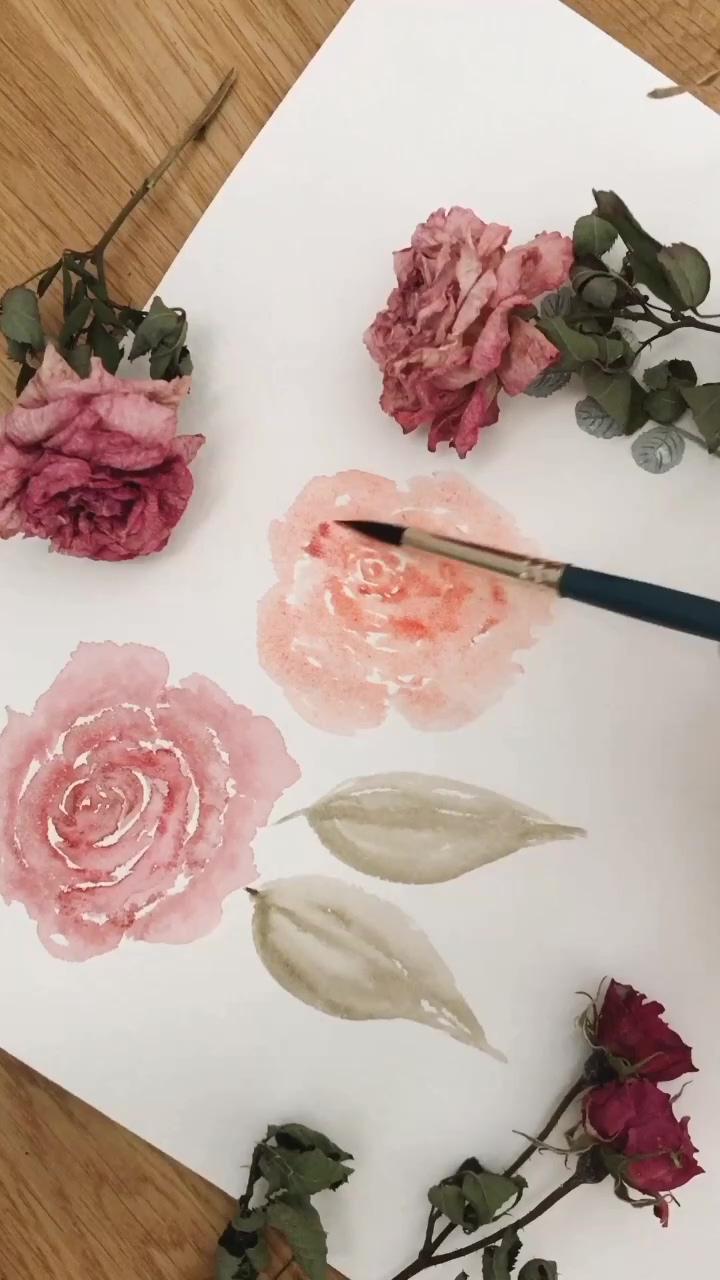 Pink tulip watercolor painting tutorial, botanical art; watercolor rose